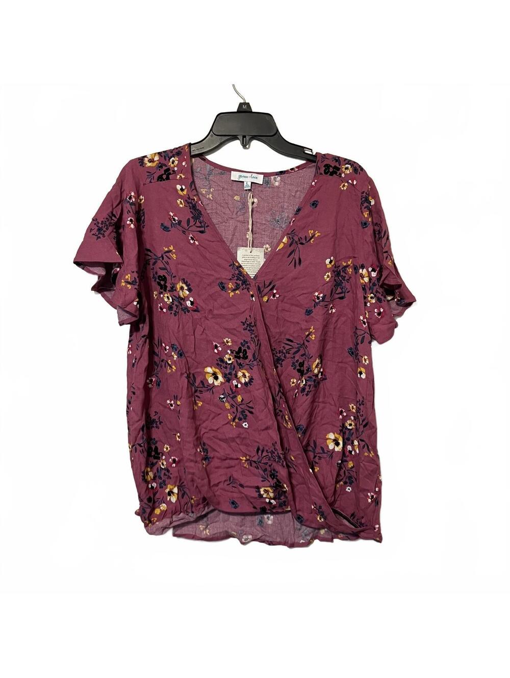 Grace & Lace Romantic Boho Chic Floral Short Sleeve V-Neck Flowy Top Large-New